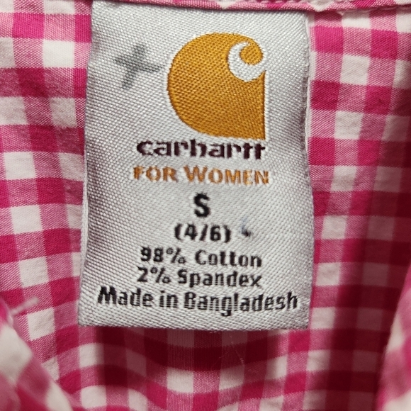 EUC Carhartt Women's Size S Pink Gingham Plaid Pocketed Button Down Shirt - Picture 2 of 6